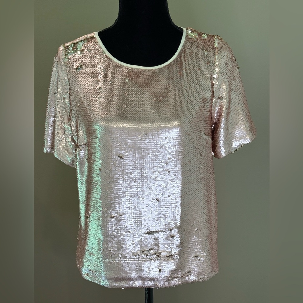 NWT Women’s TOPSHOP Rose gold reversible sequin short sleeve top- Size 6